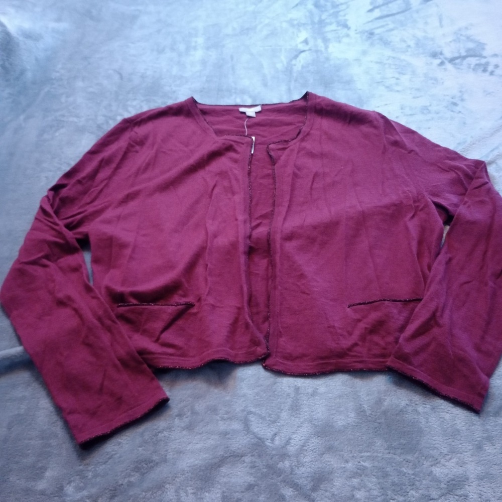 J Jill Cardigan Womens XL Burgundy Cropped Open Front Wool Blend Capsule FLAW